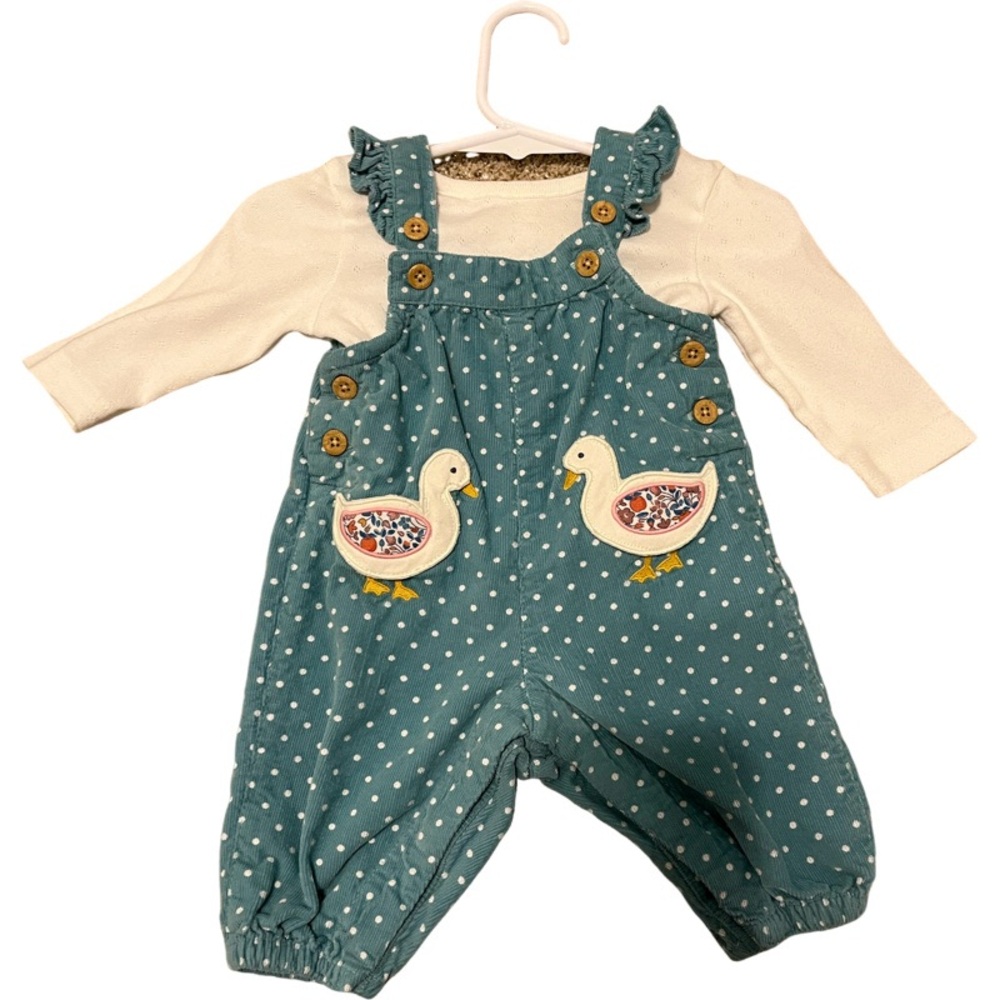 Kids' Teal Polka Dot Overalls with Duck Appliqué